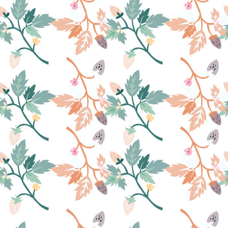 Wild strawberry seamless pattern. Wild berries floral wallpaper. Strawberry plant endless backdrop. Design for fabric, textile print, wrapping paper, cover. vector illustrationのイラスト素材