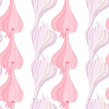 Hand drawn garlic seamless pattern. Doodle bulb of garlic endless wallpaper. Vegetarian healthy food backdrop. Design for fabric, textile print, wrapping paper. vector illustrationのイラスト素材
