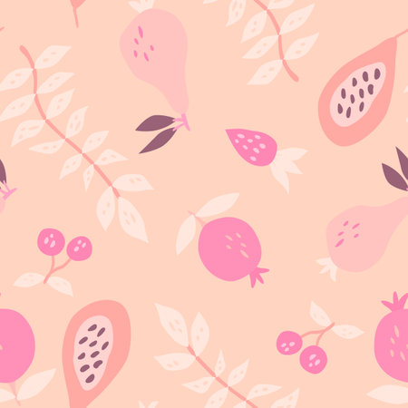 Hand drawn summer fruits seamless pattern. Cherry, pomegranate, papaya, pear, strawberry and palm leaves. Vector fruit design for fabric, textile print, wrapping paper, children textile.のイラスト素材