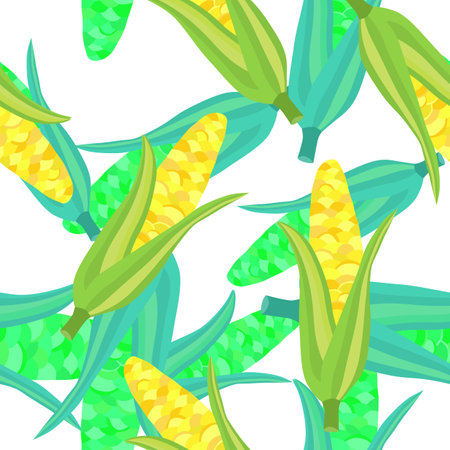 Corn plants seamless pattern. Corn cobs endless wallpaper. Vegetarian healthy food backdrop. Design for fabric, textile print, wrapping paper. vector illustrationのイラスト素材