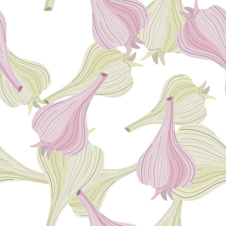 Hand drawn garlic seamless pattern. Doodle bulb of garlic endless wallpaper. Vegetarian healthy food backdrop. Design for fabric, textile print, wrapping paper. vector illustrationのイラスト素材