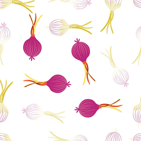Hand drawn onion bulb seamless pattern. Onion in doodle style endless wallpaper. Vegetarian healthy food backdrop. Design for fabric, textile print, wrapping paper. vector illustrationのイラスト素材