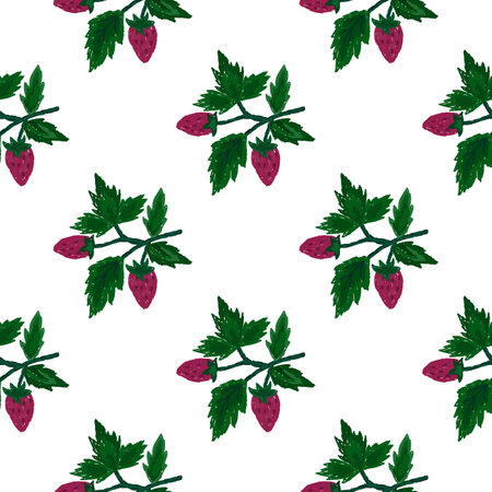 Freehand wild strawberry branch seamless pattern. Hand drawn wild berries floral wallpaper. Strawberry plant endless backdrop. For fabric, textile print, wrapping paper, cover. vector illustrationのイラスト素材