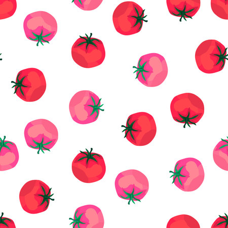 Seamless pattern with tomatoes. organic vegetable wallpaper. Decorative backdrop for fabric design, textile print, kitchen textiles, wrapping, cover. Doodle vector illustrationのイラスト素材
