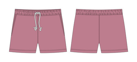 Blank shorts pants technical sketch design template. Powder color. Casual shorts with pockets and lace. CAD mockup. front and back. fashion vector illustration.のイラスト素材