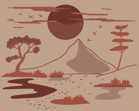 Japanese landscape in halftone style. Design for flyer or presentation, card, wallpaper. Vector art illustrationのイラスト素材