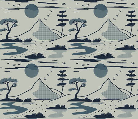 Seamless pattern with japanese landscape. Oriental minimalistic endless background. Design for fabric, textile print, surface, wrapping, cover. Vector illustrationのイラスト素材