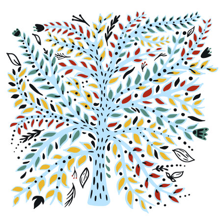 Hand drawn vector illustration of abstract tree with leaves. folk style.のイラスト素材