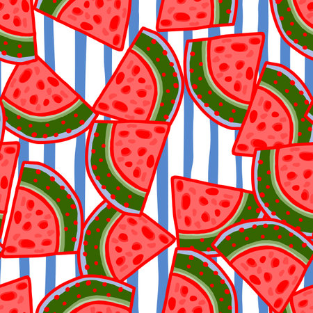 Hand drawn watermelon slices seamless pattern. Funny fruit backdrop. Food design for fabric, textile print, wrapping, cover. vector illustrationのイラスト素材