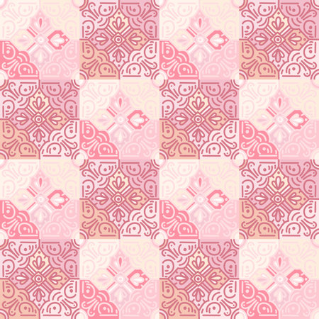 Ethnic floral mosaic seamless pattern. Abstract geometric ornamental wallpaper. Vintage decorative tile. Design for fabric, textile print, wrapping paper, cover.のイラスト素材