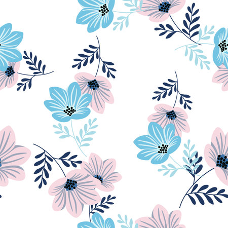 Flower stylized seamless pattern. Cute botanical illustration. Abstract floral background. Simple design for fabric, textile print, wrapping, cover. vector illustrationのイラスト素材