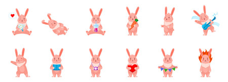 Collection of cute rabbits. Cartoon hare character design set. Bunny in various poses and emotions: photographer, dancing, playing guitar, reading, angry, laughing, with a bouquet of flowersのイラスト素材
