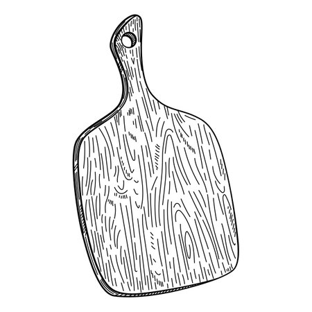 Hand drawn cutting wooden board Isolated on white. Kitchen utensils sketch. engraving style. Vintage vector illustration. Design for menu, cafe or restaurantのイラスト素材