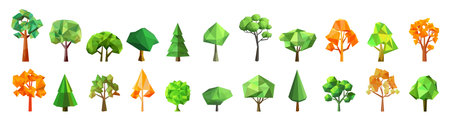 Set of abstract low poly tree icon. Geometric polygonal style. 3d low poly. Stylized design element collection. Design for poster, flyer, cover, brochure. vector illustrationのイラスト素材