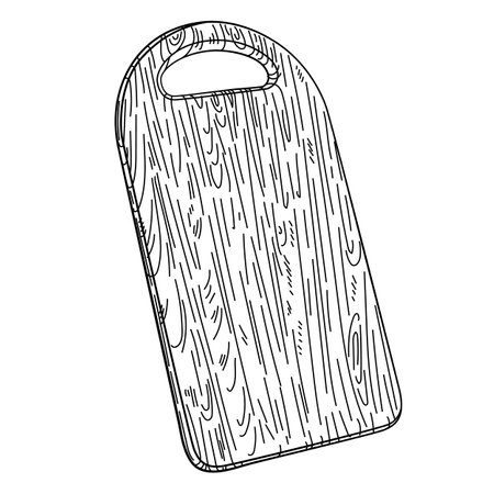 Hand drawn cutting rectangular wooden board with handle Isolated on white. Kitchen utensils sketch. engraving style. Vintage vector illustration. Design for menu, cafe or restaurantのイラスト素材