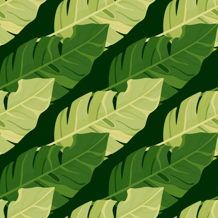 Hawaiian-inspired pattern. Fashionably exotic, palm trees and lush greenery wallpaper. Abstract backdrop botanical garden. Beautiful pattern, vector illustration, tropical paradise.のイラスト素材