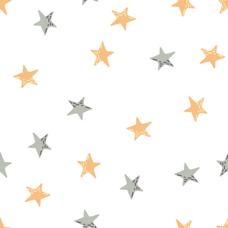 Cute stars seamless pattern in doodle style. Constellation wallpaper. Design for fabric, textile print, wrapping paper, childish textiles. vector illustrationのイラスト素材