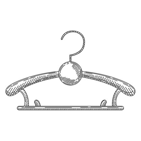 Wooden retro coat hanger in vintage engraved style. Sketch of coat hanger. front view. isolated on white background. vector illustrationのイラスト素材
