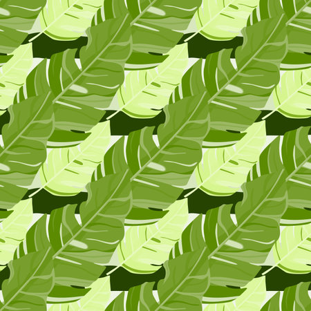Hawaiian-inspired pattern. Fashionably exotic, palm trees and lush greenery wallpaper. Abstract backdrop botanical garden. Beautiful pattern, vector illustration, tropical paradise.のイラスト素材
