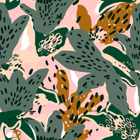 Contemporary collage tropical leaves and flowers seamless pattern. Creative scribble funny hipster element wallpaper. Abstract doodle shape background. Trendy design for fabric, textile print, surfaceのイラスト素材