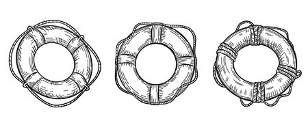 Set of lifebuoy with rope isolated sketch. Hand drawn life ring in engraving style collection. vintage vector illustrationのイラスト素材