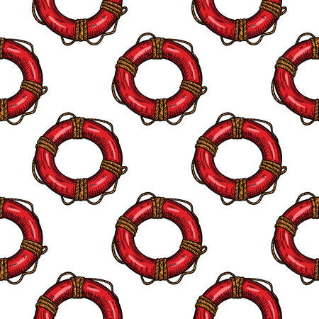 Vintage lifebuoy with rope sketch seamless pattern. Hand drawn life ring in engraving style wallpaper. For fabric design, textile print, wrapping paper, cover. vector illustrationのイラスト素材