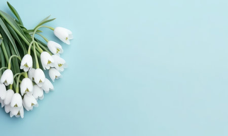 A snowdrop flowers bouquet on a pastel blue background with empty copyspace. mother's day concept. top view. Created with generative AI toolsの素材