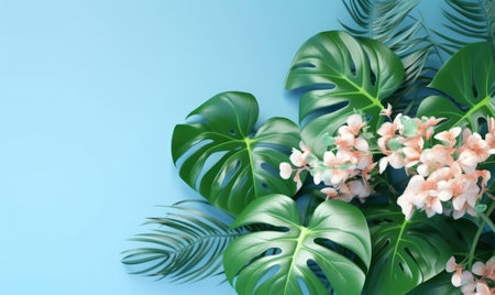 Tropical monstera leaves and flowers on a pastel blue background with empty copyspace. Jungle green leaf concept. flat lay. Created with generative AI toolsの素材