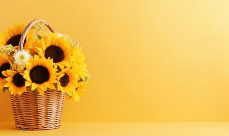 A bright bouquet of sunflowers in a straw basket on a yellow background with empty copy space. mother's day concept. side view. Created by generative AI toolsの素材