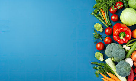 Top view vegetables on deep blue background. copyspace. Cooking ingredient - carrot, tomatoes, cucumber, pepper, broccoli, onion. Vegetarian organic food banner. Created with generative AI toolsの素材