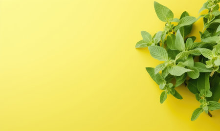 Fresh meadow mint leaves twig on a pastel yellow background with empty copyspace. Botanical herb concept. Flat lay. Created with generative AI toolsの素材