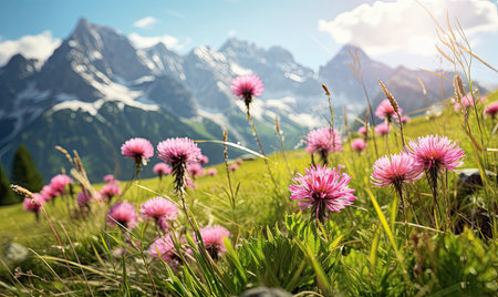 Vast alpine meadow dotted with vibrant wildflowers, with majestic snow-capped mountains in the backdrop. A serene and picturesque natural landscape. Created with generative AI toolsの素材