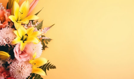 A lily bouquet on a bright yellow background. Empty copyspace. mother's day concept. flat lay. Created with generative AI toolsの素材