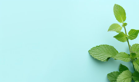 Fresh meadow mint leaves twig on a pastel blue background with empty copyspace. Botanical herb concept. Flat lay. Created with generative AI toolsの素材