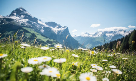Breathtaking alpine landscape with vibrant wildflowers in the foreground and majestic mountains behind. Sunlit scene perfect for travel and nature themes. Created with generative AI toolsの素材