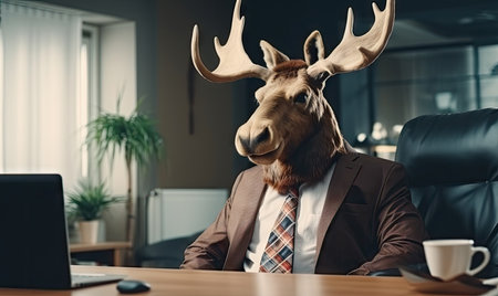 In a vibrant office, a man in a moose costume works confidently, while colleagues nearby focus on tasks. A blend of whimsy and professionalism in a modern workspace. Created with generative AI toolsの素材