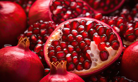 Macro shot of a glistening pomegranate, showcasing its vibrant red hue and water droplets. Ideal for health, nutrition, and gourmet food advertisements. Created with generative AI toolsの素材