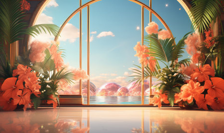 Vibrant tropical scene with a modern glassmorphism effect. Layered palm leaves create a 3D depth. Ideal for digital projects and designs. Created with generative AI toolsの素材