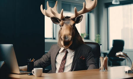 In a vibrant office, a man in a moose costume works confidently, while colleagues nearby focus on tasks. A blend of whimsy and professionalism in a modern workspace. Created with generative AI toolsの素材