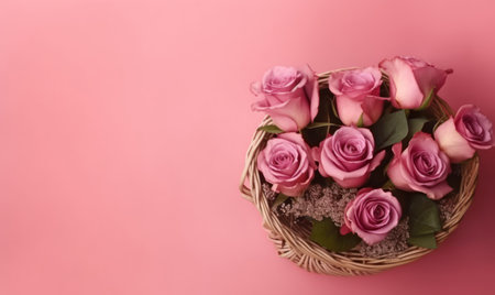 A bouquet of pink roses in a straw basket on a pastel background with empty copy space. Valentine's Day concept. Side view Created by generative AI toolsの素材