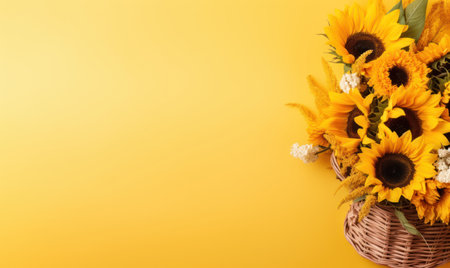 A bright bouquet of sunflowers in a straw basket on a yellow background with empty copy space. mother's day concept. side view. Created by generative AI toolsの素材