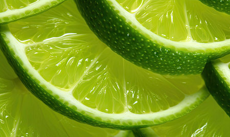 Close-up of fresh lime slices with cascading water droplets, highlighting vibrant green hues. Created with generative AI toolsの素材