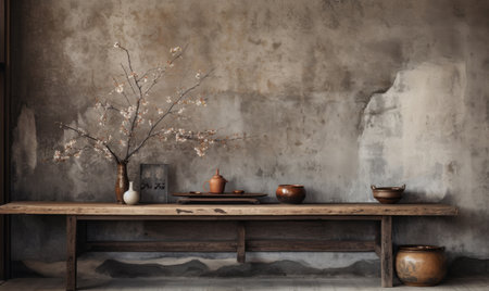 Wabi-sabi interior with vases on a shelf and table, capturing the essence of serene simplicity. Rustic wooden shelf displaying a curated collection of vases. Created with generative AI toolsの素材