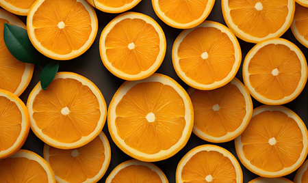 Vibrant orange slices showcased against a sleek backdrop. Detailed texture and fresh appeal make it perfect for culinary, health, and beverage promotions. Created with generative AI toolsの素材