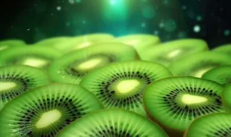 Close-up of juicy kiwi slices adorned with water droplets. Perfect for health, culinary, and refreshing beverage ads. Created with generative AI toolsの素材