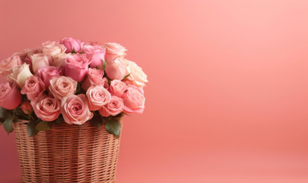 A bouquet of pink roses in a straw basket on a pastel background with empty copy space. Valentine's Day concept. Side view Created by generative AI toolsの素材