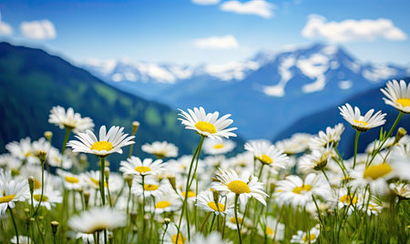 Close-up vast field of delicate white daisies under a clear sky, with towering alpine mountains in the backdrop. A serene blend of nature's beauty and tranquility. Created with generative AI toolsの素材