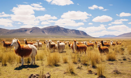 Group of llamas grace the vast Bolivian desert, with distant mountains as backdrop. Created with generative AI toolsの素材