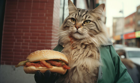 Whimsical scene of a cat in a green coat delightfully nibbling on a juicy hamburger. Created with generative AI toolsの素材