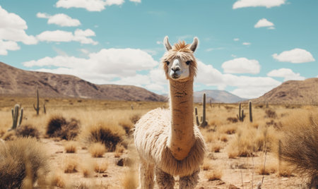 Close-up llama stands tall in a vast Bolivian field, surrounded by lush greenery under a clear blue sky. Created with generative AI toolsの素材